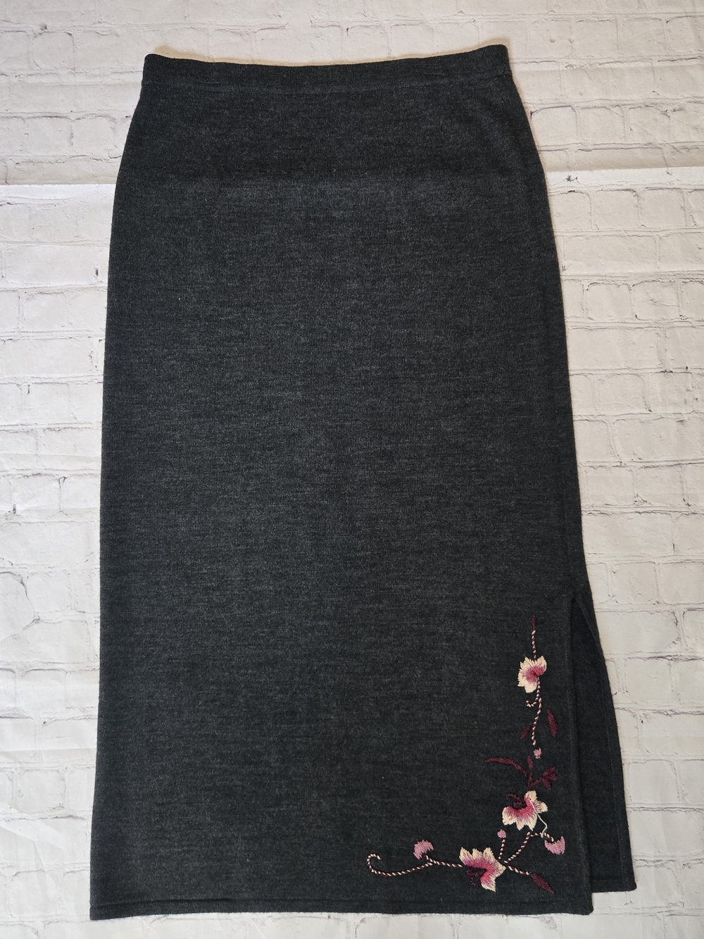 Vtg Y2k Whimsigoth Charcoal Kint Floral Embroidered Trim Maxi Skirt M Side Slit